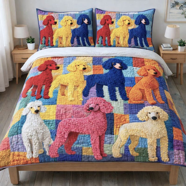 Poodle Gang quilted 3-piece bedding set on a made bed with two matching pillow shams