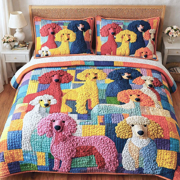 Poodle Gang quilted 3-piece bedding set on a made bed with two matching pillow shams