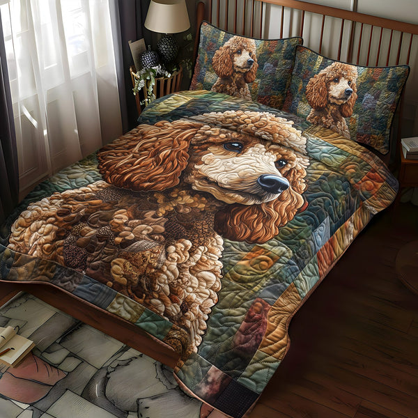 Poodle Parade quilted 3-piece bedding set on a made bed with two matching pillow shams