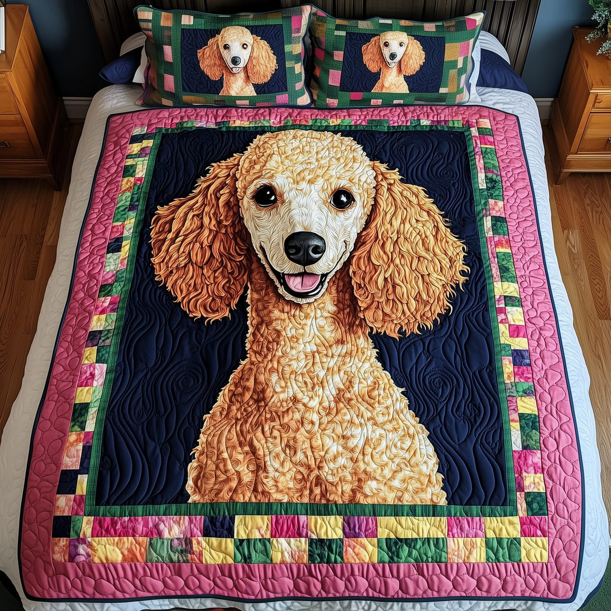 Poodle quilted 3-piece bedding set on a made bed with two matching pillow shams