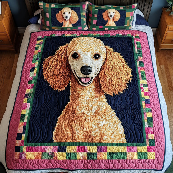 Poodle quilted 3-piece bedding set on a made bed with two matching pillow shams