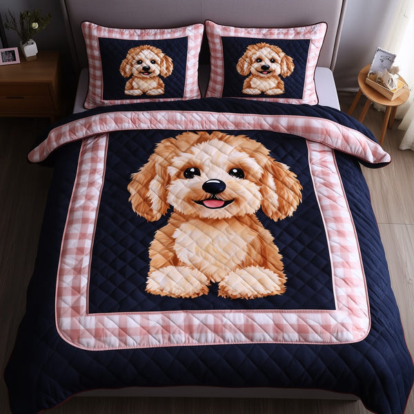 Poodle quilted 3-piece bedding set on a made bed with two matching pillow shams