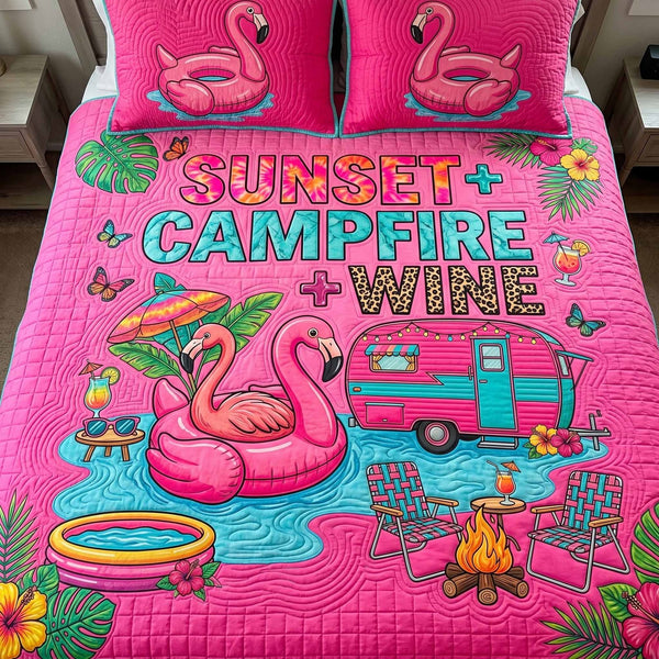 Pool Flamingo quilted 3-piece bedding set on a made bed with two matching pillow shams