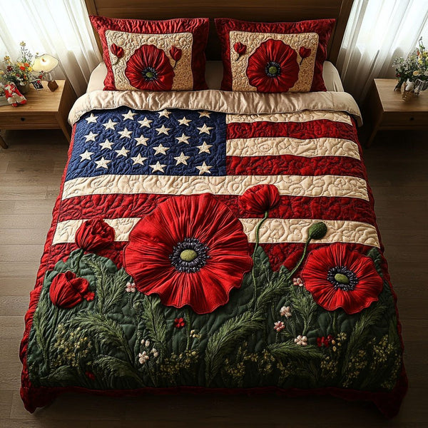 Poppa Poppy Flag quilted 3-piece bedding set on a made bed in a warmly lit bedroom