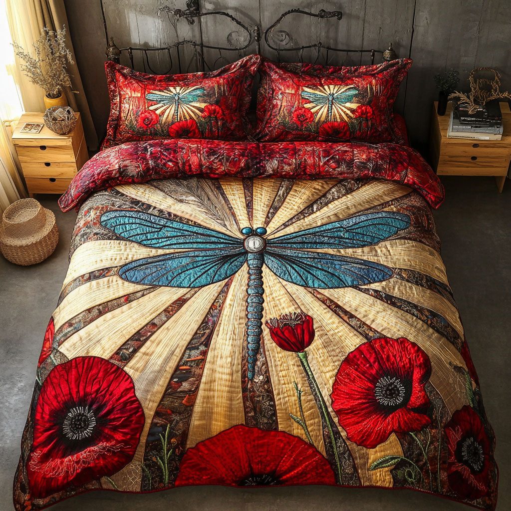 Poppies Essence Flight quilted 3-piece bedding set on a made bed with two matching pillow shams