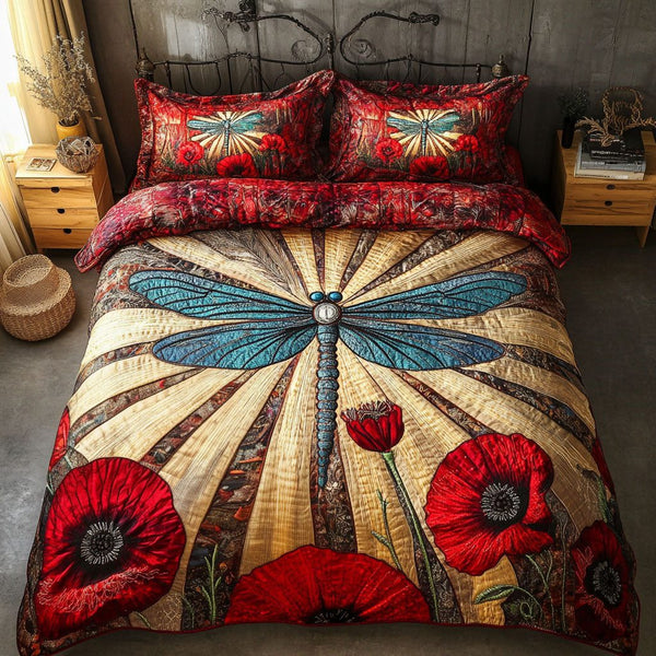 Poppies Essence Flight quilted 3-piece bedding set on a made bed with two matching pillow shams