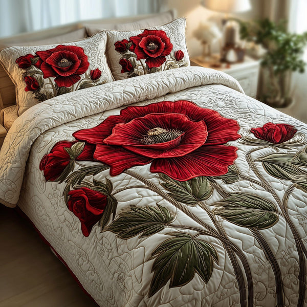 Poppies quilted 3-piece bedding set on a made bed with two matching pillow shams