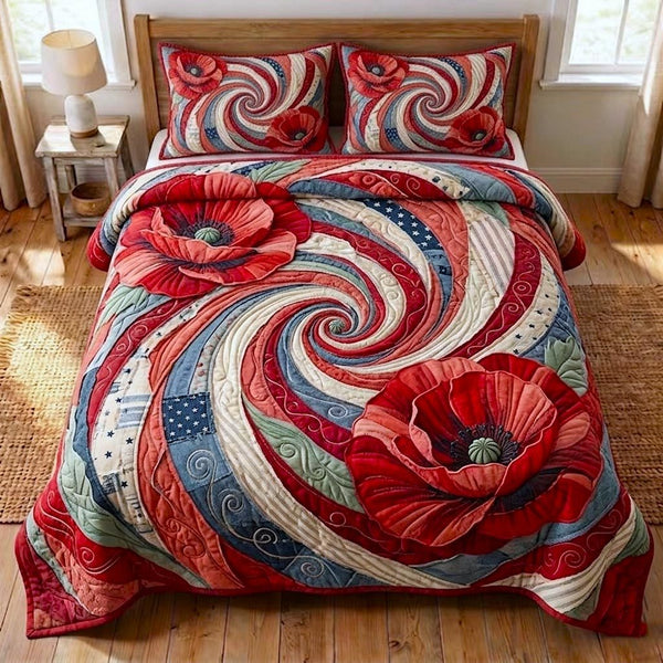 Poppy Blossom quilted 3-piece bedding set on a made bed with two matching pillow shams