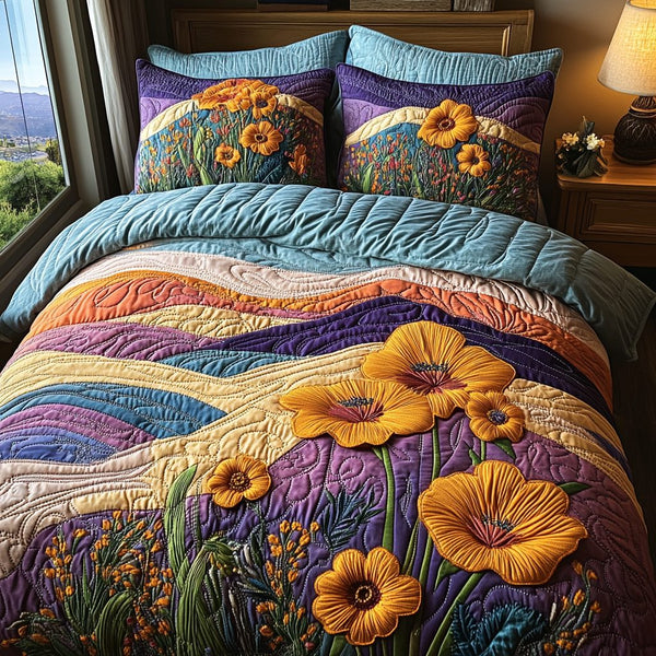 Poppy Dream quilted 3-piece bedding set on a made bed with two matching pillow shams