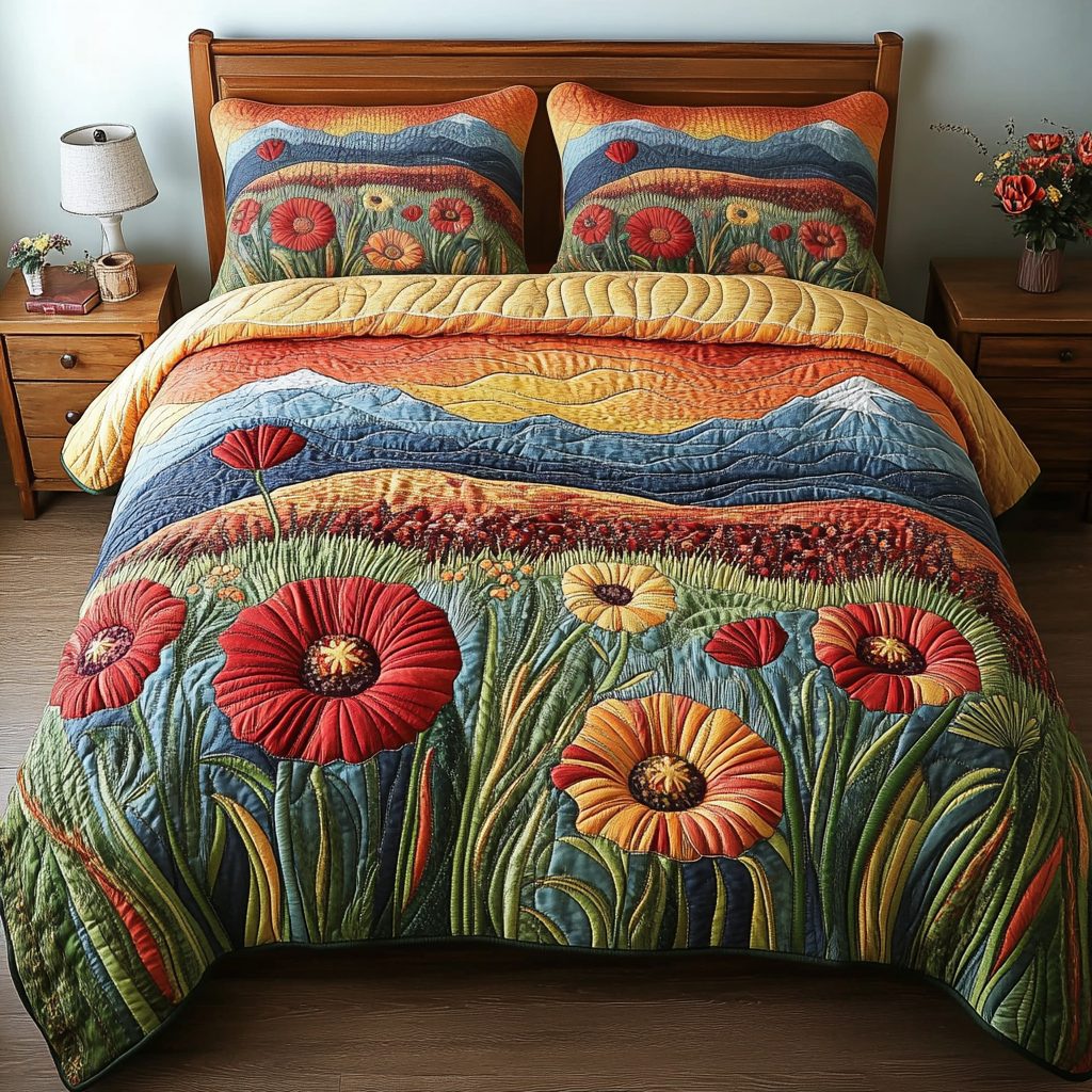 Poppy Dreams quilted 3-piece bedding set on a made bed with two matching pillow shams