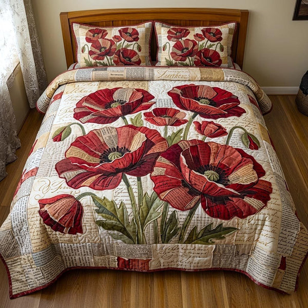 Poppy Elegance quilted 3-piece bedding set on a made bed with two matching pillow shams