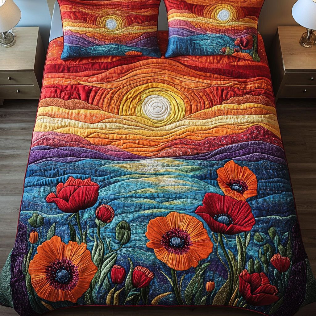 Poppy Field Glow quilted 3-piece bedding set on a made bed with two matching pillow shams