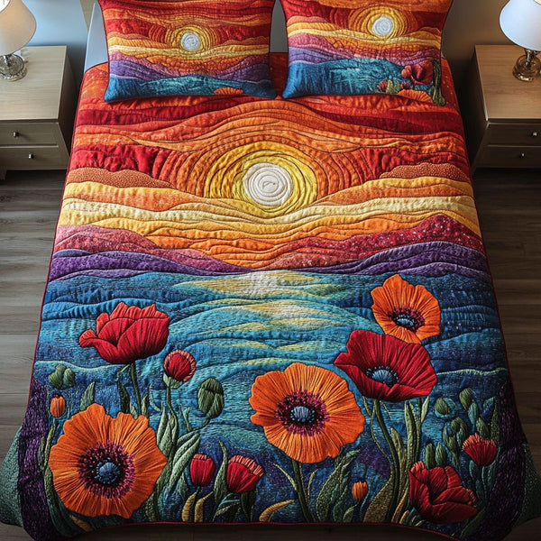 Poppy Field Glow quilted 3-piece bedding set on a made bed with two matching pillow shams