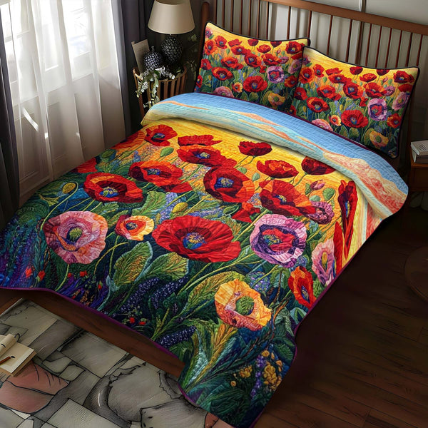 Poppy Field quilted 3-piece bedding set on a made bed with two matching pillow shams