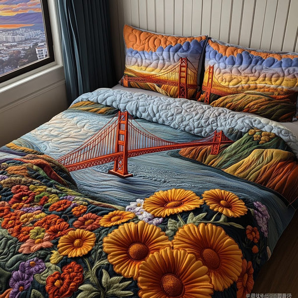 Poppy Fields quilted 3-piece bedding set on a made bed with two matching pillow shams