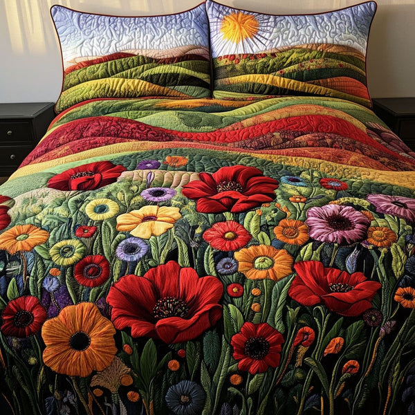 Poppy Garden Delight quilted 3-piece bedding set on a made bed with two matching pillow shams