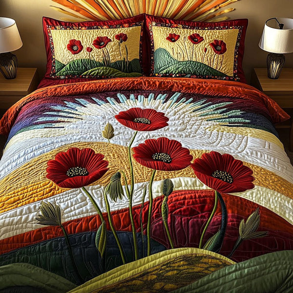 Poppy Meadow Magic quilted 3-piece bedding set on a made bed with two matching pillow shams