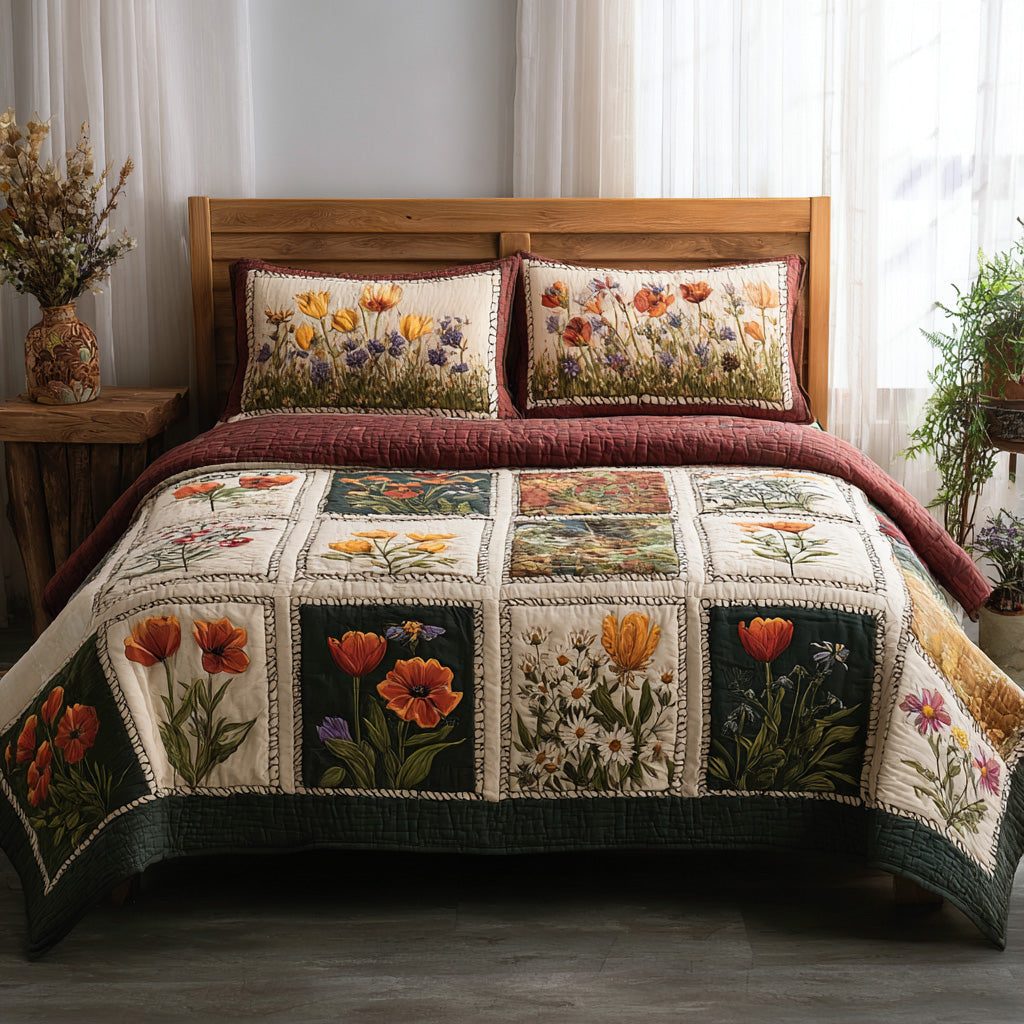 Poppy Panels quilted 3-piece bedding set on a made bed with two matching pillow shams