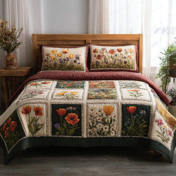 Poppy Panels quilted 3-piece bedding set on a made bed with two matching pillow shams