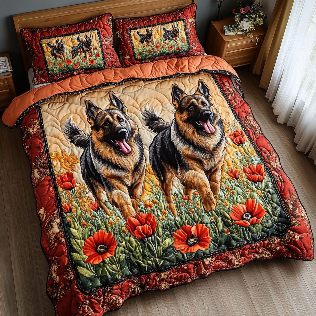 Poppy Playmates quilted 3-piece bedding set on a made bed with two matching pillow shams
