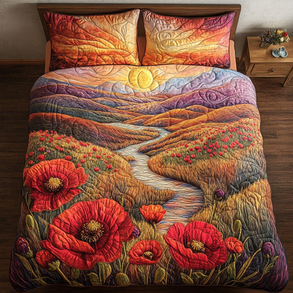 Poppy Trails quilted 3-piece bedding set on a made bed with two matching pillow shams