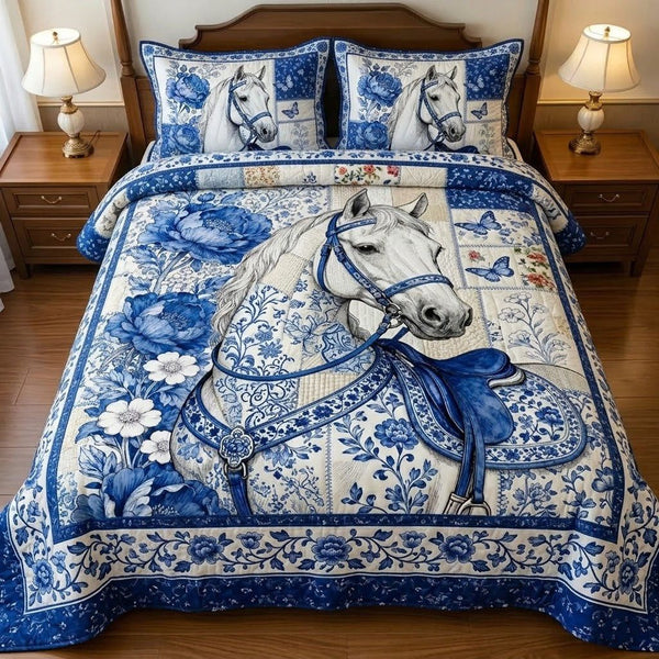 Porcelain Horse quilted 3-piece bedding set on a made bed in a rustic timber bedroom