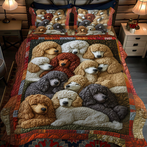 Posh Poodles quilted 3-piece bedding set on a made bed with two matching pillow shams