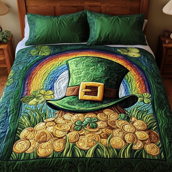 Pot of Gold quilted 3-piece bedding set on a made bed with two matching pillow shams