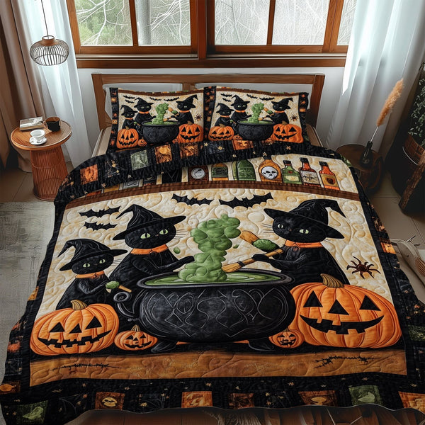 Potion Bubbles Cats quilted 3-piece bedding set on a made bed against a dark styled interior