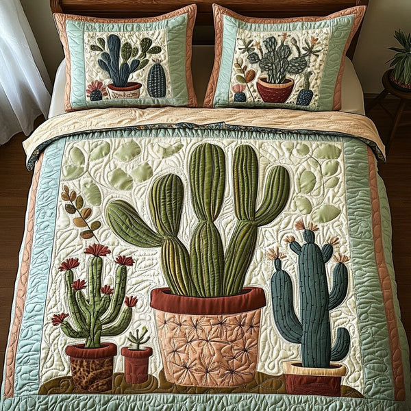 Potted Cactus Harmony quilted 3-piece bedding set on a made bed with two matching pillow shams