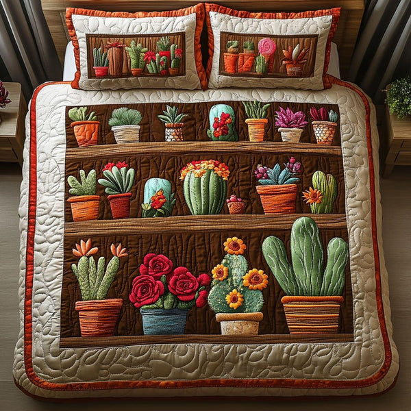 Potted Cactus quilted 3-piece bedding set on a made bed with two matching pillow shams