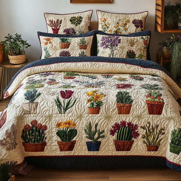 Potted Paradise quilted 3-piece bedding set on a made bed with two matching pillow shams