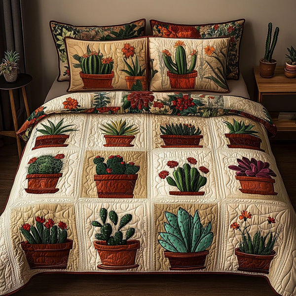 Potting Shed Beauty quilted 3-piece bedding set on a made bed with two matching pillow shams