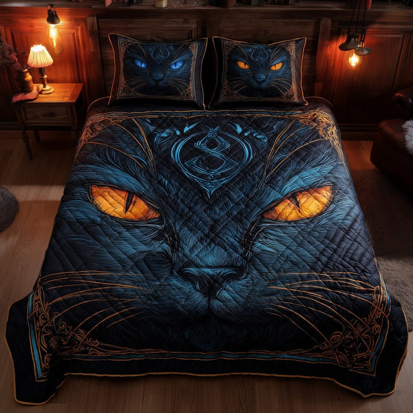 Powerful Cat quilted 3-piece bedding set on a made bed with two matching pillow shams