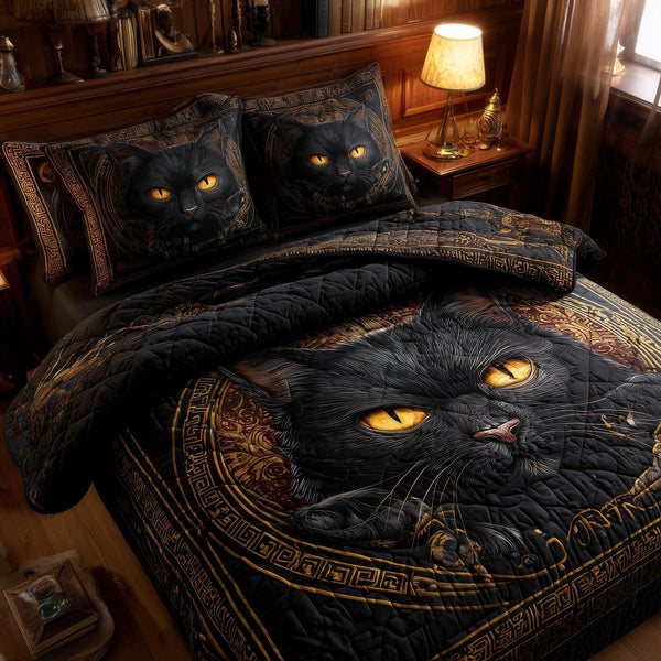 Powerful Cat quilted 3-piece bedding set on a made bed with two matching pillow shams