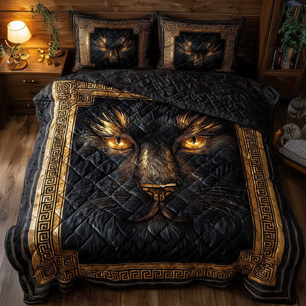 Powerful Cat quilted 3-piece bedding set on a made bed with two matching pillow shams