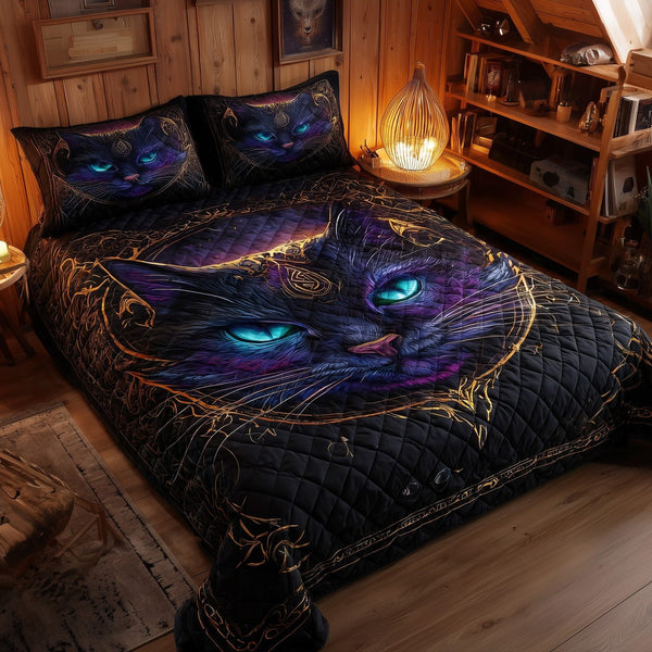 Powerful Cat quilted 3-piece bedding set on a made bed with two matching pillow shams