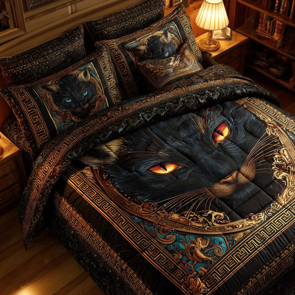 Powerful Cat quilted 3-piece bedding set on a made bed with two matching pillow shams