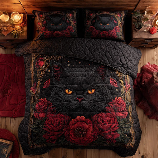Powerful Cat quilted 3-piece bedding set on a made bed with two matching pillow shams