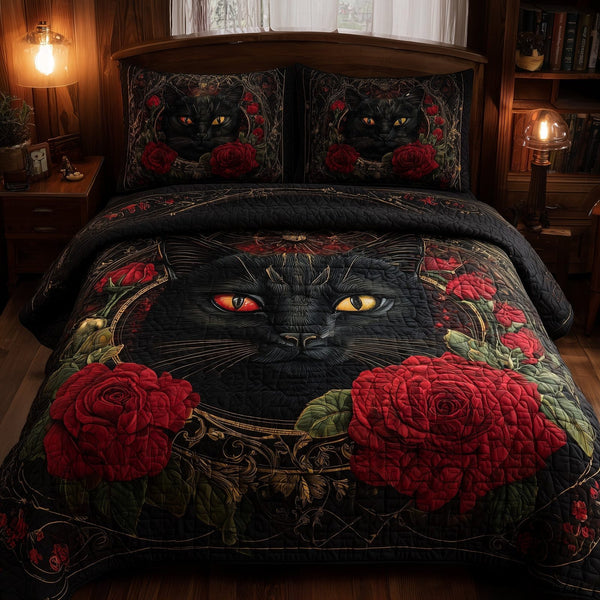 Powerful Cat quilted 3-piece bedding set on a made bed with two matching pillow shams