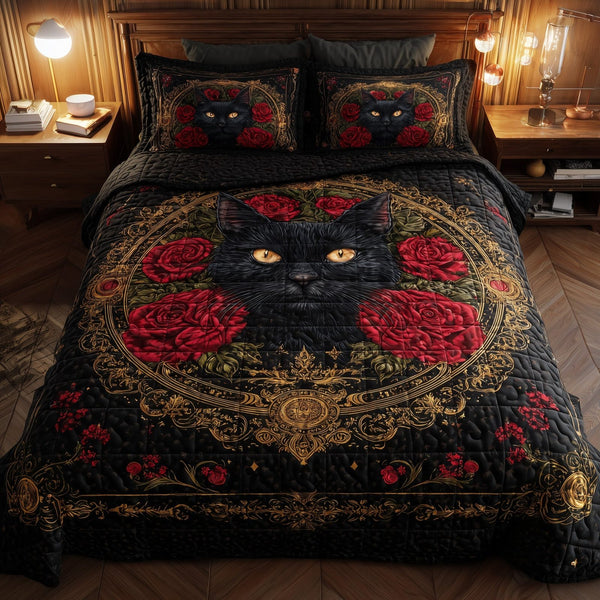Powerful Cat quilted 3-piece bedding set on a made bed with two matching pillow shams