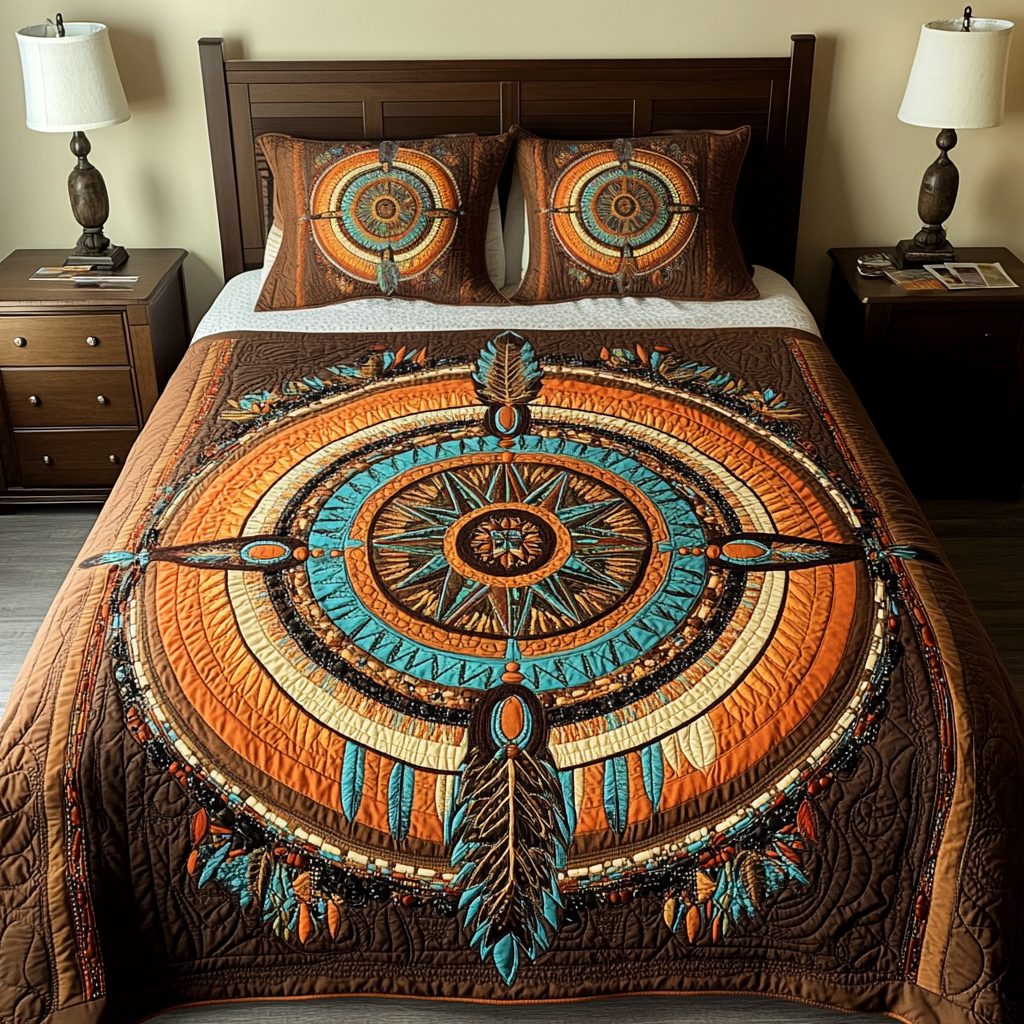 Powers Awakening quilted 3-piece bedding set on a made bed with two matching pillow shams