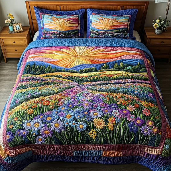 Prairie Beauty quilted 3-piece bedding set on a made bed in a rustic timber bedroom