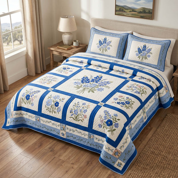 Prairie Bloom quilted 3-piece bedding set on a made bed in a rustic timber bedroom