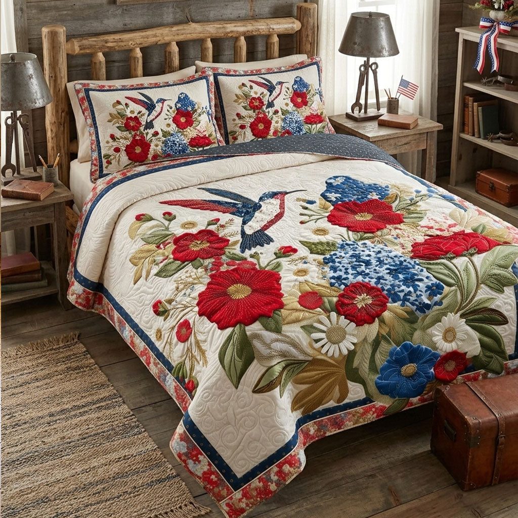Prairie Blossom Flight quilted 3-piece bedding set on a made bed in a rustic timber bedroom