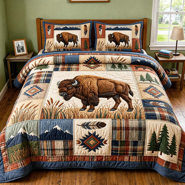 Prairie Buffalo quilted 3-piece bedding set on a made bed in a rustic timber bedroom
