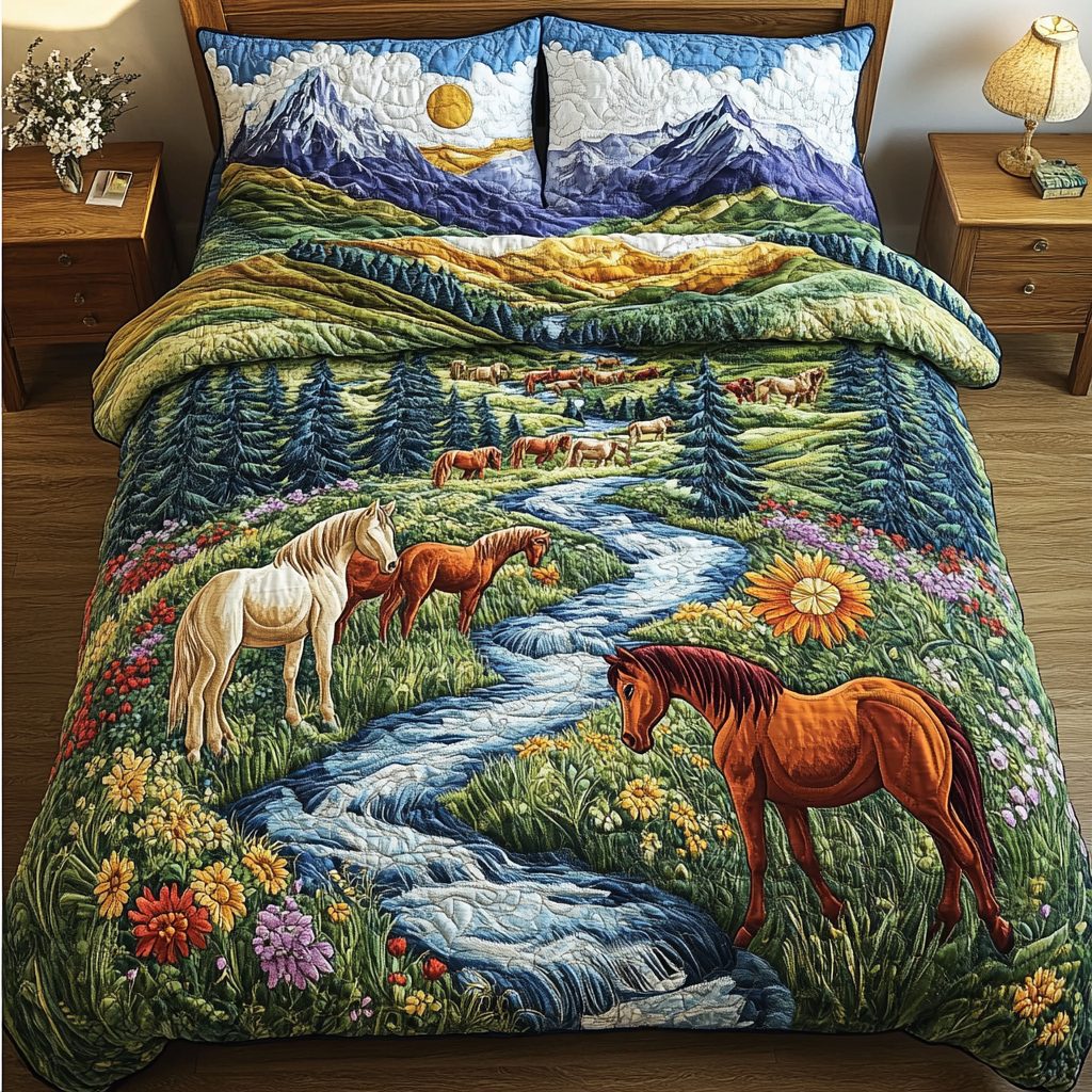 Prairie Dream quilted 3-piece bedding set on a made bed in a rustic timber bedroom