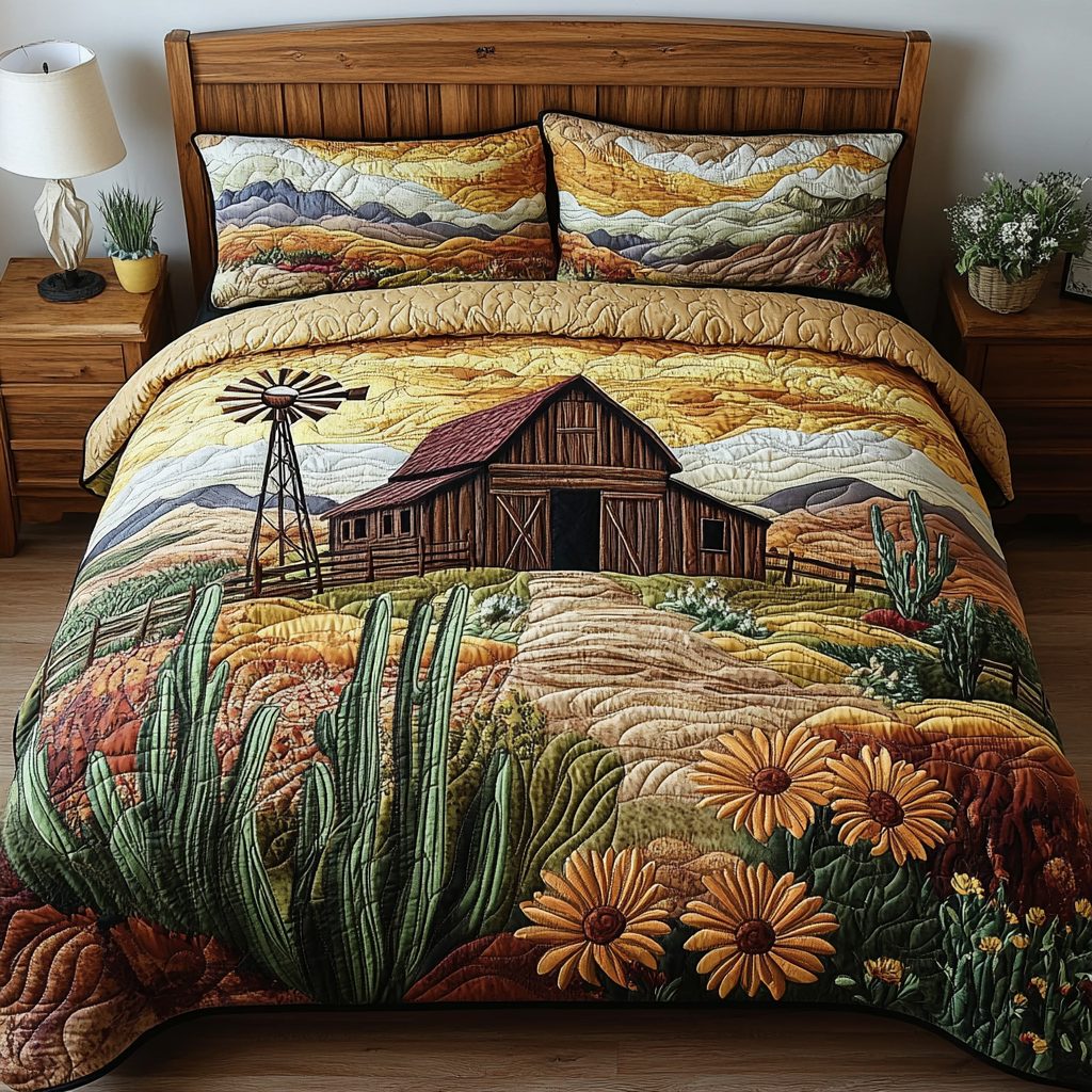 Prairie Dream quilted 3-piece bedding set on a made bed in a rustic timber bedroom