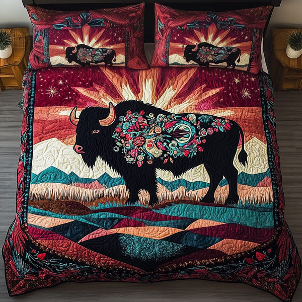 Prairie Echo quilted 3-piece bedding set on a made bed in a rustic timber bedroom