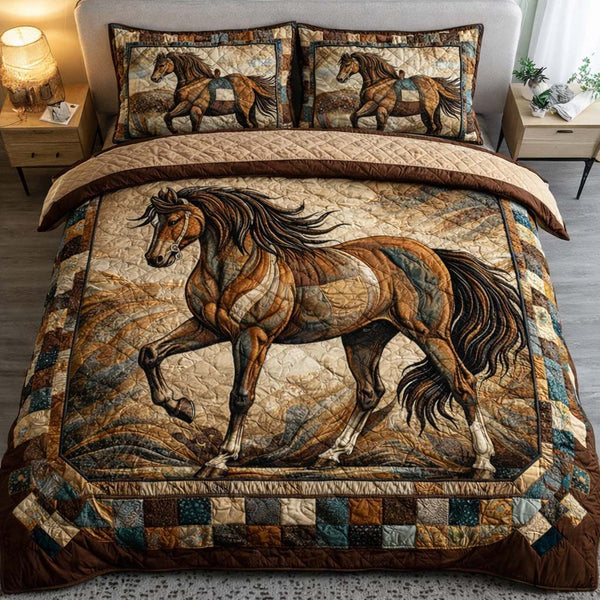 Prairie Echo Stallion quilted 3-piece bedding set on a made bed in a rustic timber bedroom